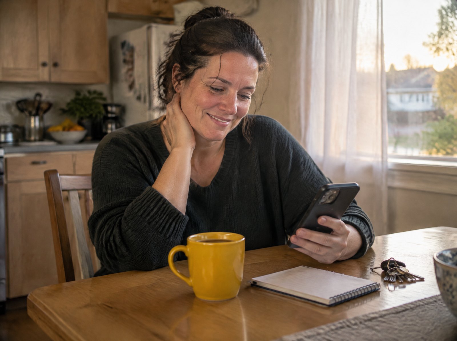 Femme soulagée consultant son téléphone à la table de sa cuisine